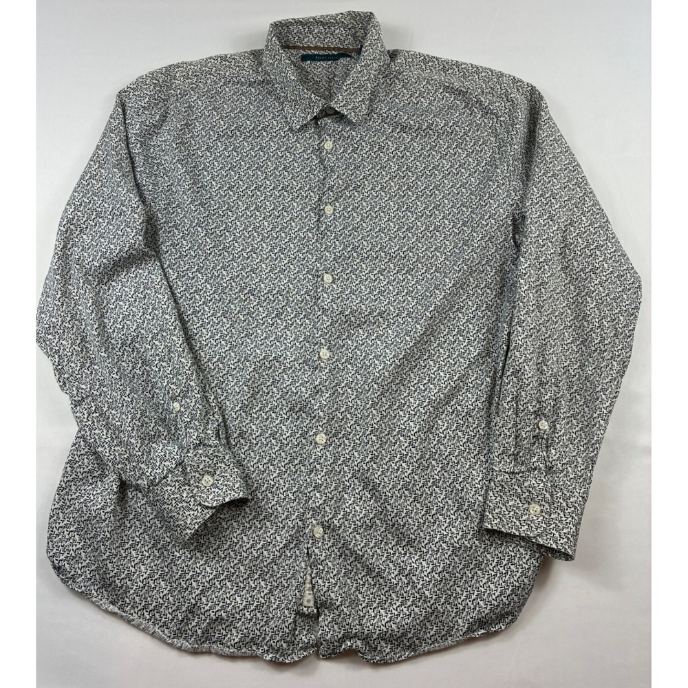 Perry Ellis Button Down Shirt Mens XXL White Blue Geometric Print Cotton Pre-own